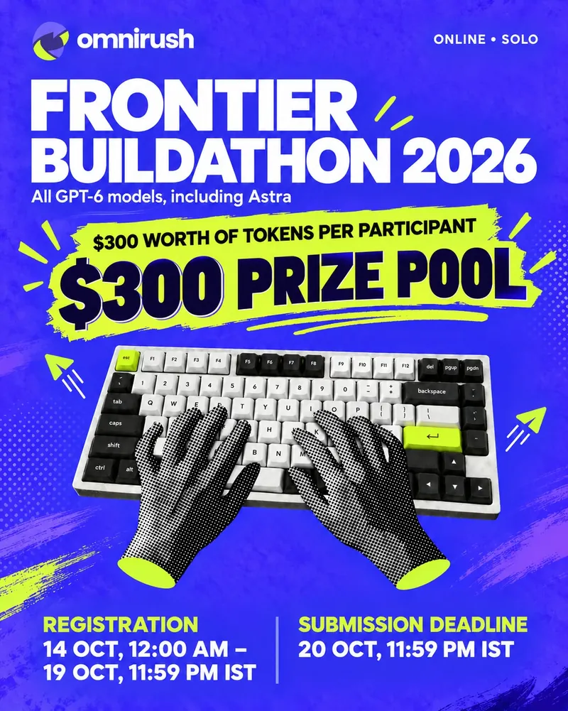 The official poster: Frontier Buildathon 2026, all GPT-6 models including Astra, $300 worth of tokens per participant, $300 prize pool. Registration 14 Oct, 12:00 AM to 19 Oct, 11:59 PM IST. Submission deadline 20 Oct, 11:59 PM IST.