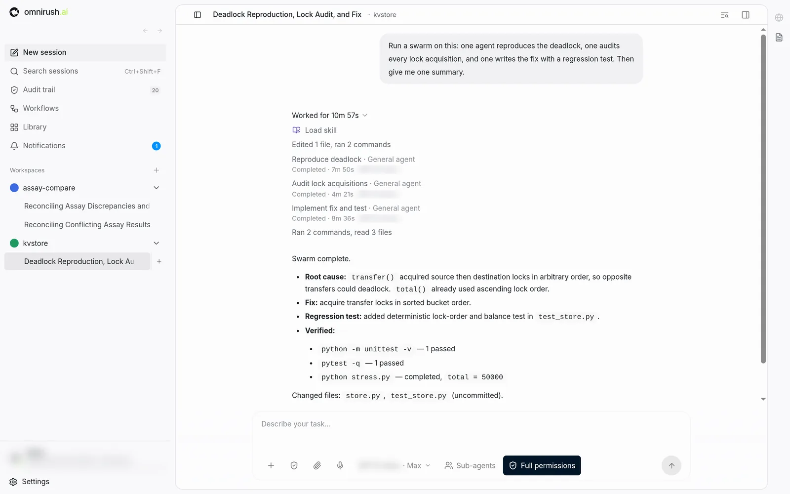 The OmniRush desktop app with the kvstore workspace open. The session worked for 10 minutes 57 seconds and ran three general agents: Reproduce deadlock, completed in 7m 50s; Audit lock acquisitions, 4m 21s; Implement fix and test, 8m 36s. The summary lists the root cause, the sorted-order fix, a regression test in test_store.py, passing unittest, pytest and stress.py runs with total = 50000, and the changed files store.py and test_store.py, uncommitted.